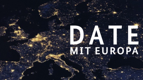 Visual einer Weltkarte mit Lichtern vom Weltraum aus mit Schrift: Date mit Europa
